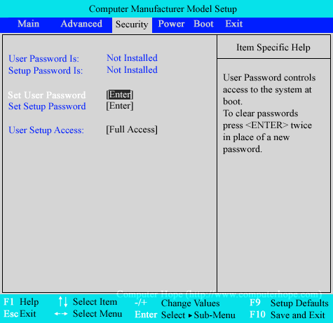 Phoenix BIOS Security setup screen