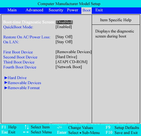 Phoenix BIOS boot setup screen