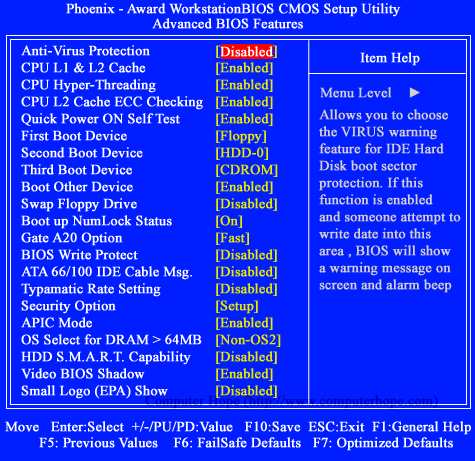 Phoenix Award Advanced BIOS features