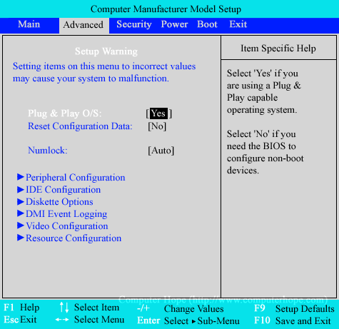 Phoenix Advanced BIOS setup screen