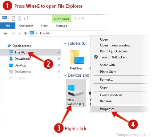 Accessing a drive's properties in the Windows 10 File Explorer