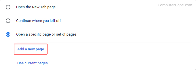 Chrome Add a new page link.