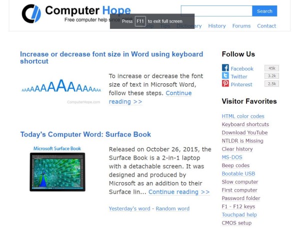 Computer Hope website in full-screen mode