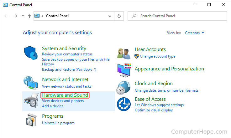 Hardware and Sound selector in Windows.