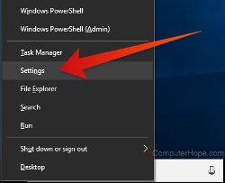 Or, press Win + X to open the Power User Tasks menu and choose Settings