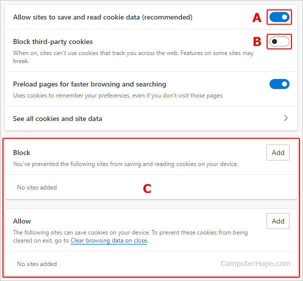 Edge cookie permission settings.