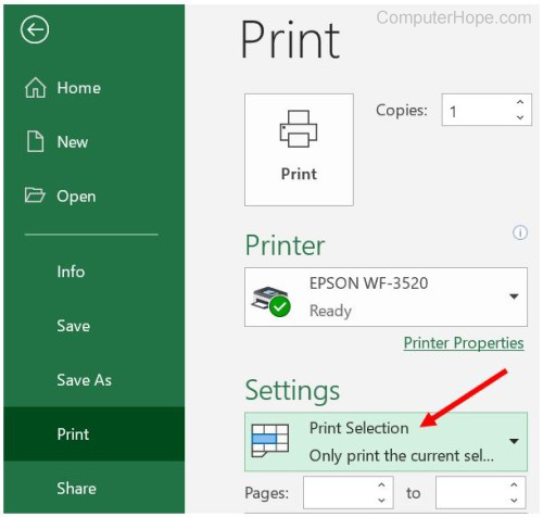 Microsoft Excel - Print Selection option