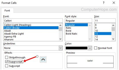 Superscript option in Microsoft Excel