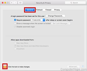 In Security And Privacy, choose the General tab, then click the lock icon.