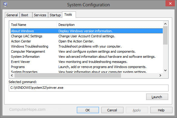 Windows msconfig utility - Tools tab