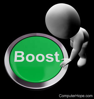 Human figure pressing green boost button.