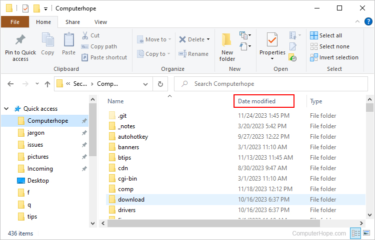 Sorting date modified by ascending and descending.