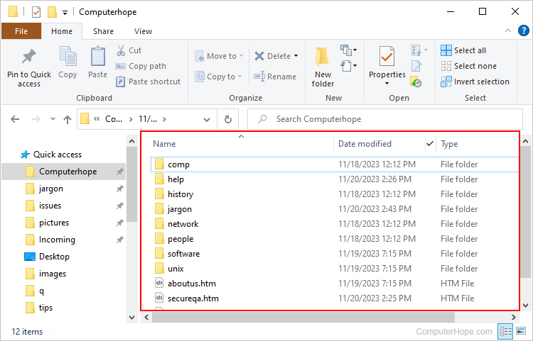 Sorted results from choosing a range on the Date modified tool.