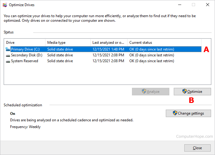 Optimizing drive in Windows 10.