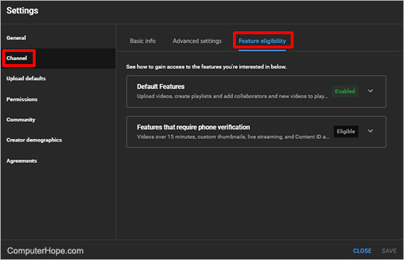 YouTube Studio settings channel feature eligibility