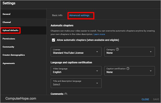 YouTube studio settings upload defaults advanced settings