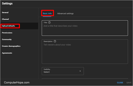 YouTube Studio settings upload defaults basic info