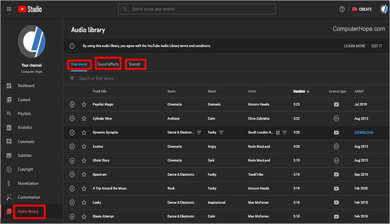 YouTube Studio audio library