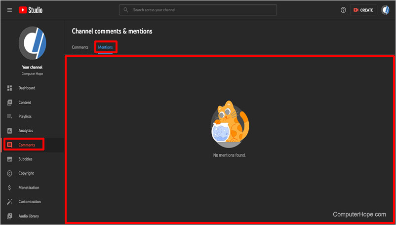 YouTube Studio comments mentions