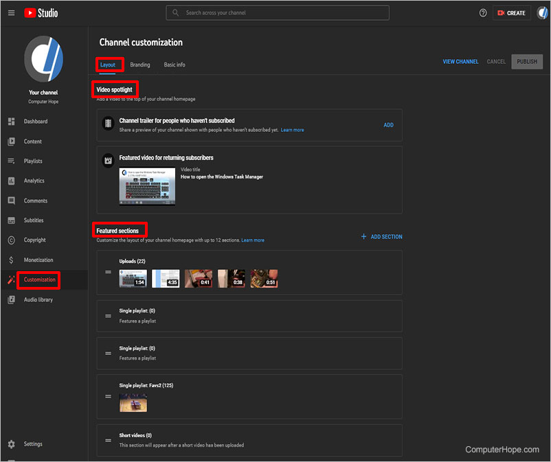 YouTube Studio customization layout