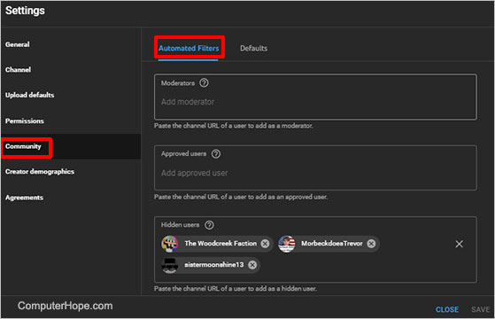 YouTube Studio settings community automated filters