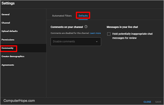 YouTube Studio settings community defaults