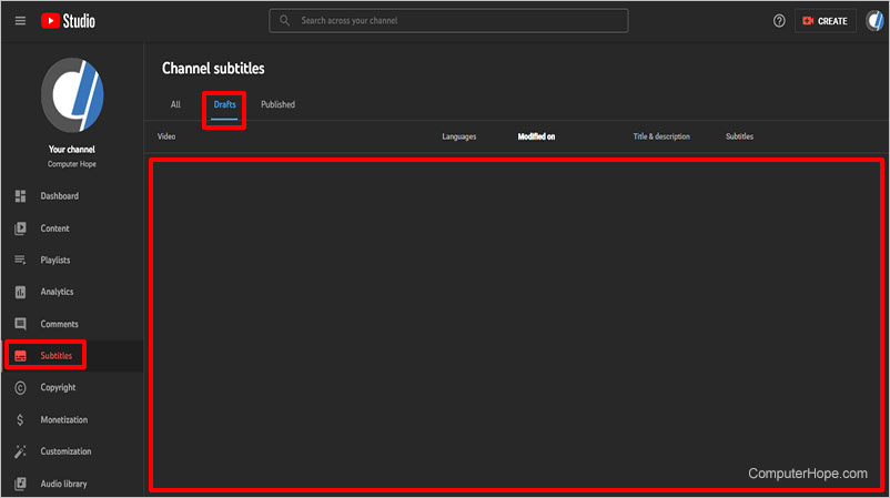 YouTube Studio subtitles drafts