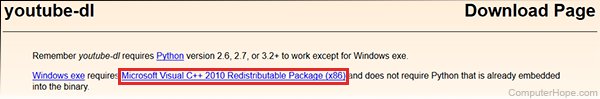 On the YouTube-dl Download page, click the link for the Microsoft Visual C++ 2010 Redistributable Package.