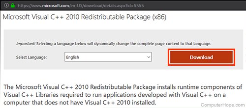On the YouTube-dl Download page, click the link to download the Microsoft VC++ 10 Runtime.