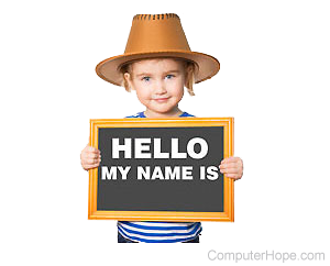 Child holding Hello My Name Is sign