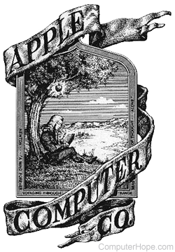 Sir Isaac Newton sitting under an apple tree as Apple Computer Company logo