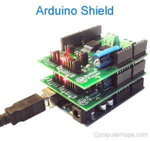 Arduino shield PCB (Printed Circuit Board) connected on top of an Arduino device.