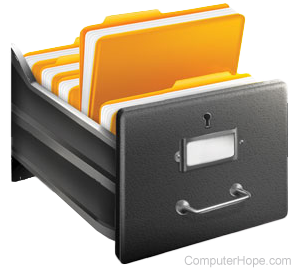 Open file cabinet drawer containing multiple file folders and one file folder sticking out