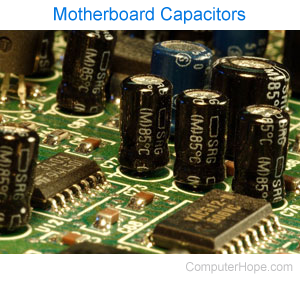 Capacitors on a motherboard.