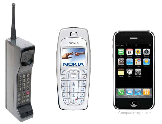 Evolution of cell phones from old brick phone, to nokia phone, to Apple iPhone.