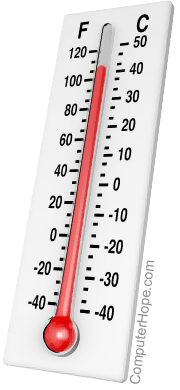 Thermometer showing 40 degrees Celsius.