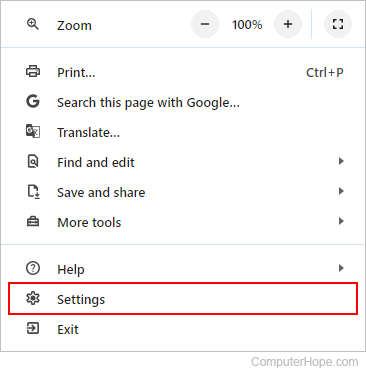 Settings selector in Chrome.