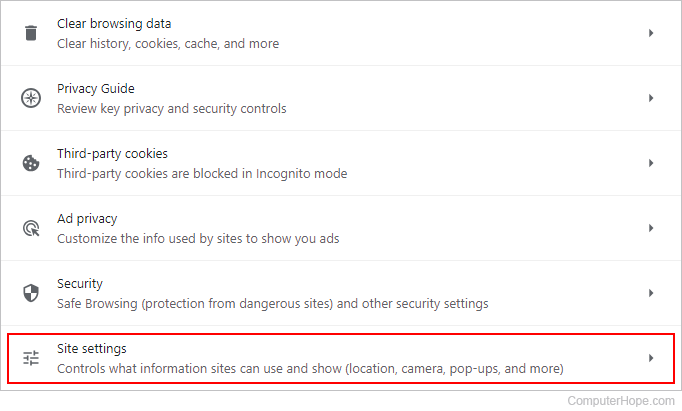 Chrome site settings selector.