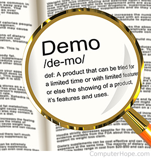 Dictionary definition of the word demo under a magnifying glass.