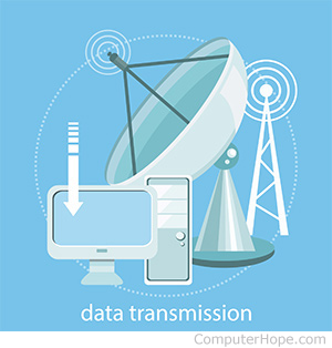 Illustration of a satellite dish, radio tower, and computer representing data transmission.