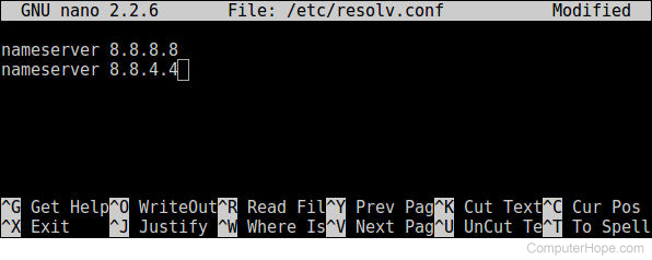 Editing /etc/resolv.conf on a linux system with the nano editor