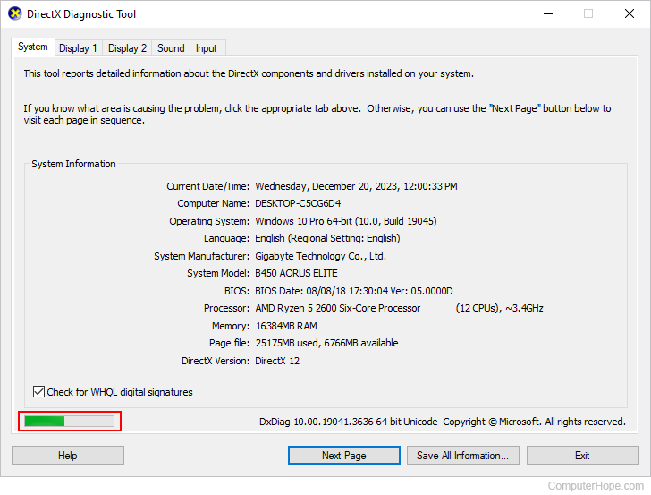 Progress bar in the DirectX Diagnostic tool.