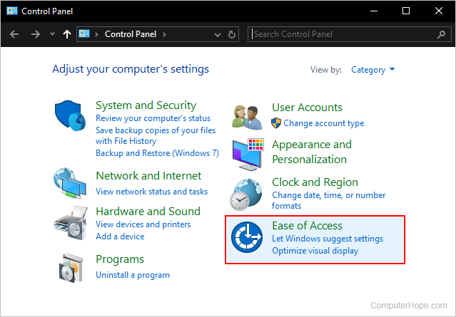 Opening the Ease of Access options in Windows.