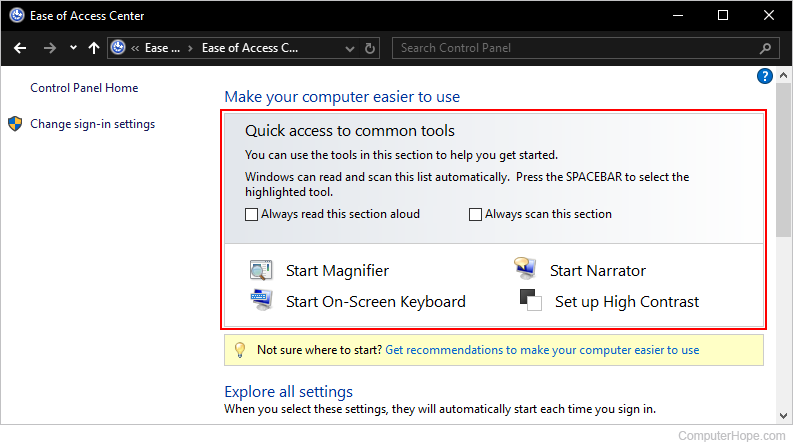 Ease of Access options in Windows.