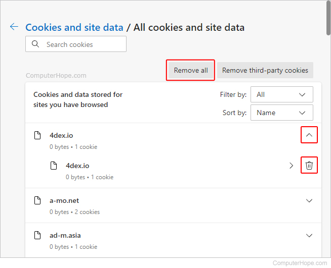 Remove cookies in Edge