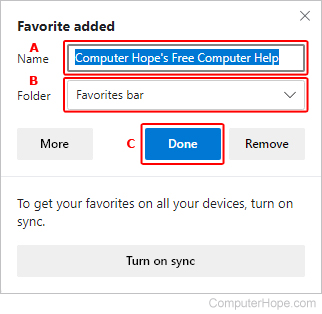 Creating a favorite in Microsoft Edge.