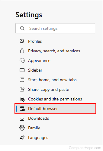 Selector that opens default browser settings in Edge.