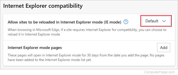 Enabling IE mode in Edge.