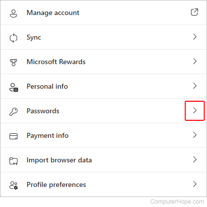 Passwords selector in Edge.