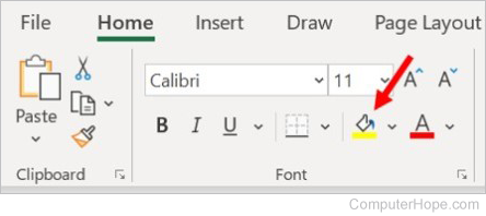 Microsoft Excel Home tab, Font section - Set background color